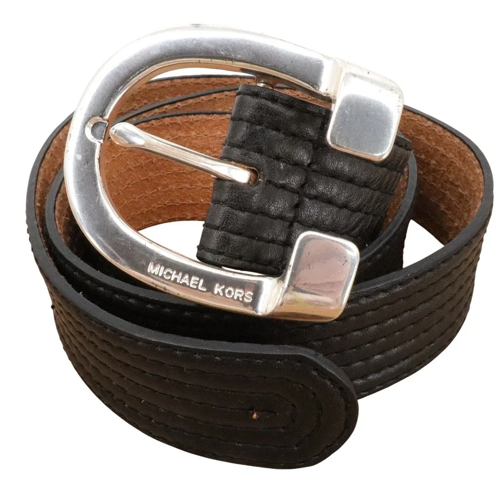 Michael Kors Black Leather Silver Horseshoe Buckle Belt Womens Large L